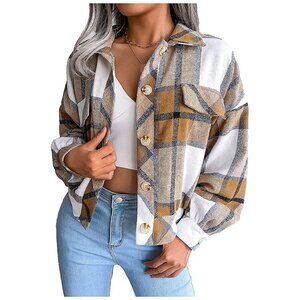 Women's Fall Fashion Cropped Shacket Plaid Jackets Coat-Khaki Plaid